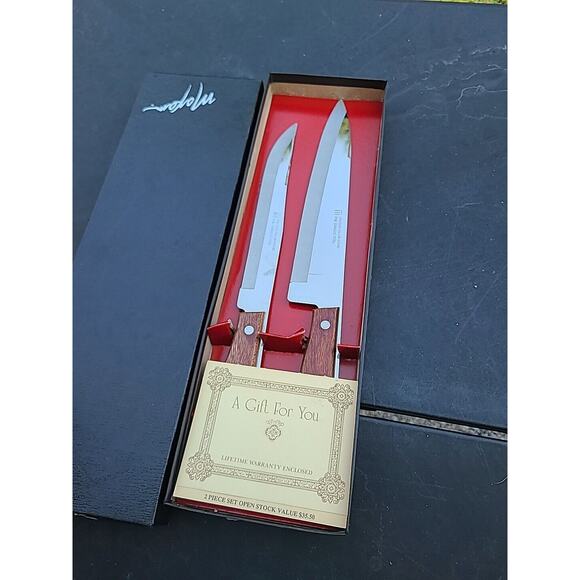 Vintage MAXAM 2 Pc Fine Stainless Steel Knife Set Chef's Wood Handle - Picture 7 of 8